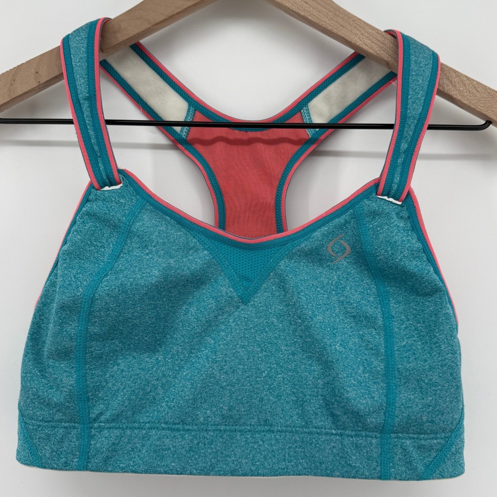 Moving Comfort Rebound Racerback Sports Bra Turquoise 34C Hook Loop Strap 350037